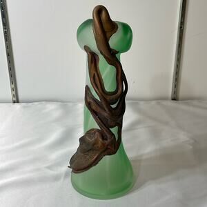 Handmade Blown Glass Vase Bulb Green  3D Metal  Engraved